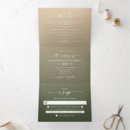シンプルフォレストグリーン&イエロー金ゴールドグラデーションズ結婚 三つ折り招待状
