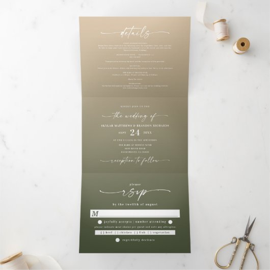 シンプルフォレストグリーン&イエロー金ゴールドグラデーションズ結婚 三つ折り招待状 (内部)