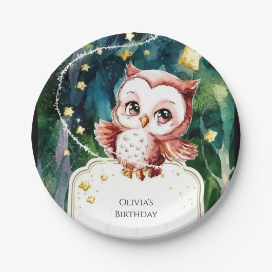 シンプルフォレストフクロウ誕生日 ペーパープレート (正面)