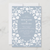 シンプルフォークホワイトフローラダスティブルー結婚ズ 招待状 (正面)