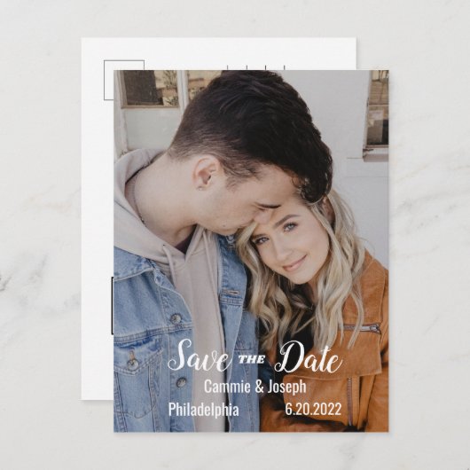 シンプルフモダンォトBW文字結婚式日付の保存 案内ポストカード (正面/裏面)