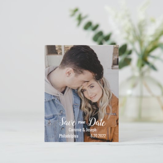 シンプルフモダンォトBW文字結婚式日付の保存 案内ポストカード (スタンド正面)