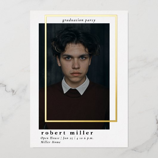 シンプルフモダンレーム卒業金ゴールド撮影 箔招待状 (正面)