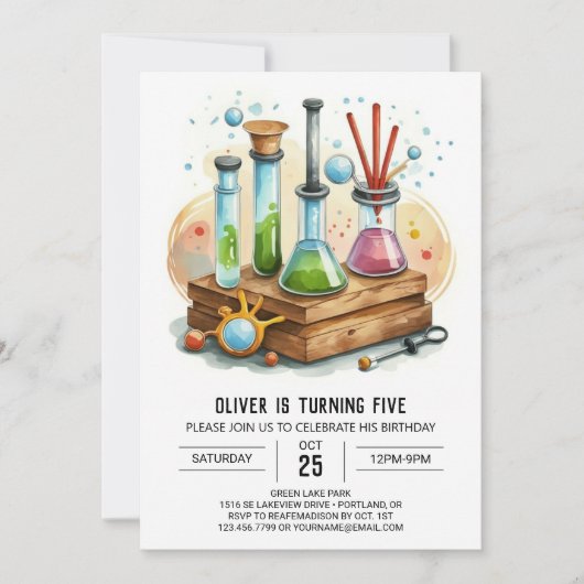 シンプルフラスコ化学誕生日 招待状 (正面)