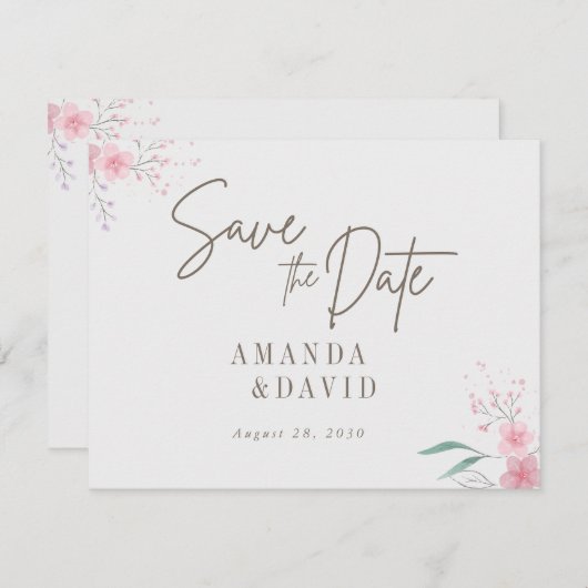 シンプルフラワーエレガントな結婚式の日付を保存 (正面/裏面)