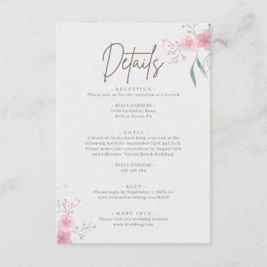 シンプルフラワーエレガントな結婚式詳細 エンクロージャーカード (正面)