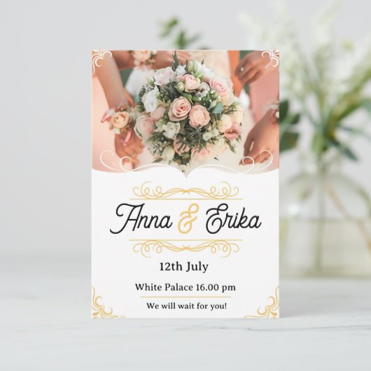 シンプルフラワーオーバーレイ結婚式招待状写真 招待状 (スタンド正面)