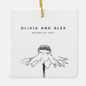 シンプルフラワーラインスケッチ(白黒) セラミックオーナメント (正面)