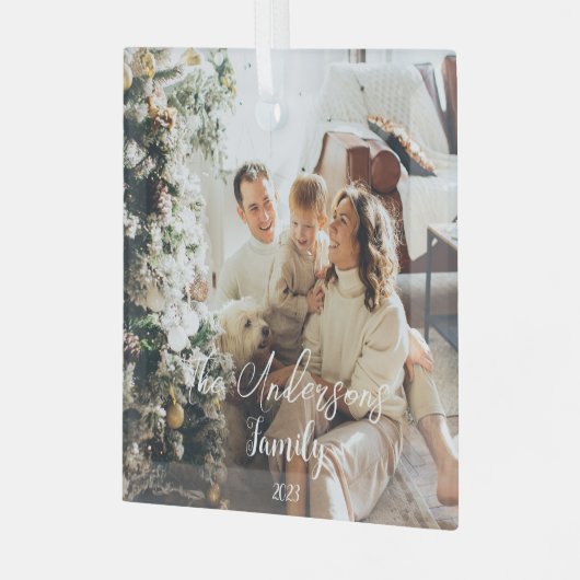 シンプルフレームエレガントタイポグラフィファミリ写真 ガラスオーナメント (正面左)