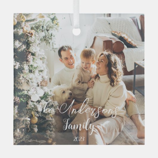 シンプルフレームエレガントタイポグラフィファミリ写真 ガラスオーナメント (正面)