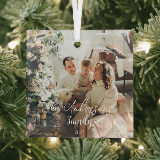 シンプルフレームエレガントタイポグラフィファミリ写真 ガラスオーナメント (インサイチュ)