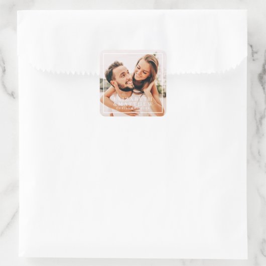 シンプルフレームシモダンックカップル写真ホリデイ スクエアシール (バッグ)