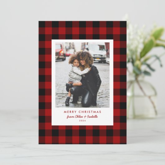 シンプルフレームレッドバッファロープレイドクリスマスフォト シーズンカード (スタンド正面)