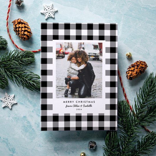 シンプルフレーム白バッファローのプレイドのクリスマスフォト シーズンカード
