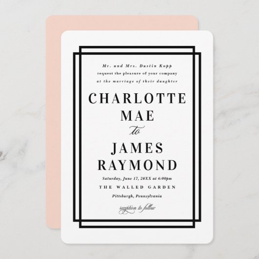シンプルフレーム黒クラシック結婚 招待状 (正面/裏面)