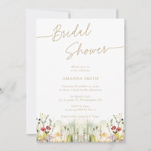 シンプルフローラのスクリプトエレガントブライダルシャワー 招待状 (正面)