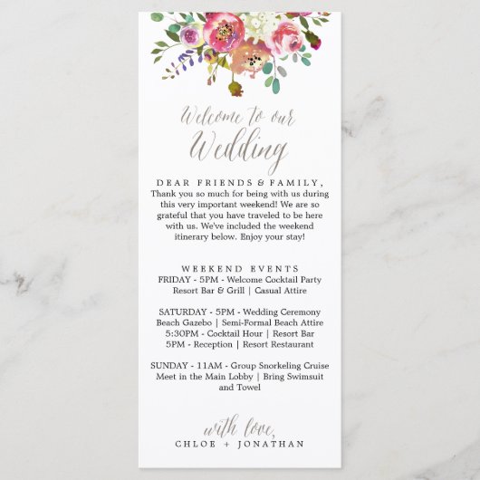 シンプルフローラの水の色の結婚ようこそ旅程 メニュー (正面)