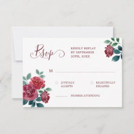 シンプルフローラエレガントウォーターカラーブルゴーニュ結婚ーズ 出欠カード