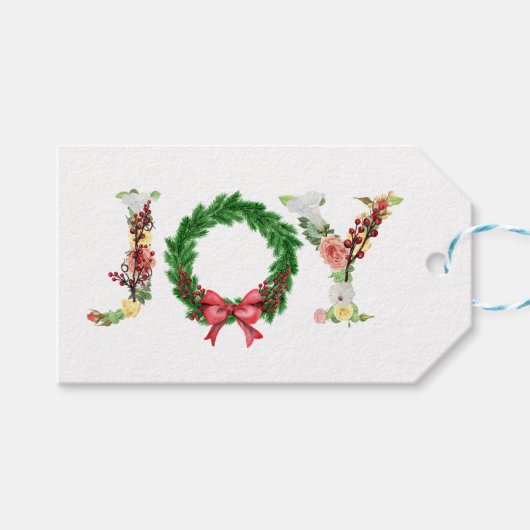 シンプルフローラエレガントクリスマスリースジョイのスクリプト ギフトタグ (正面(横))