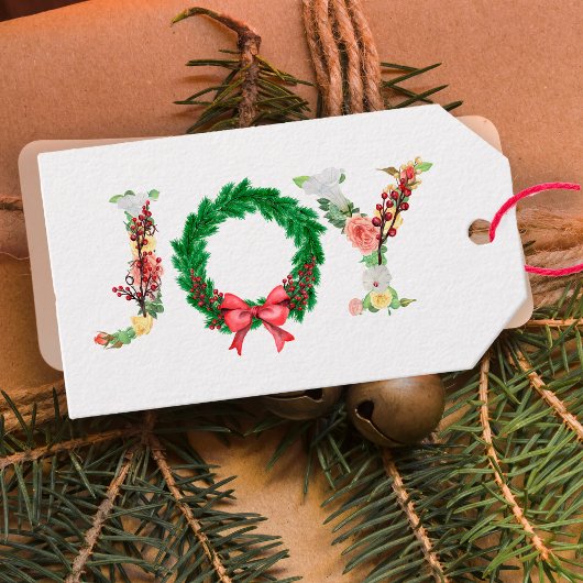シンプルフローラエレガントクリスマスリースジョイのスクリプト ギフトタグ