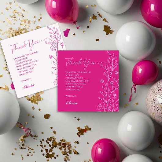 シンプルフローラエレガントホットピンク誕生日 サンキューカード