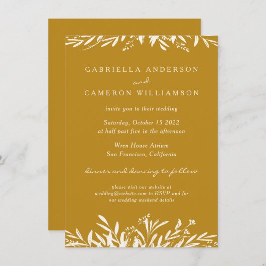シンプルフローラエレガントマスタードイエローボホ結婚の 招待状 (正面/裏面)