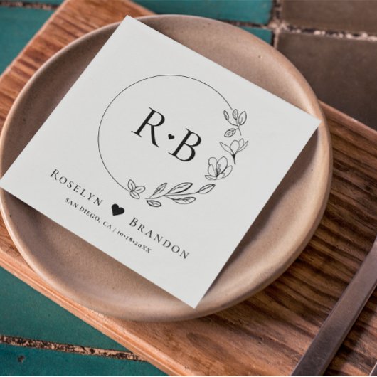 シンプルフローラエレガントリース結婚モノグラム スタンダードカクテルナプキン