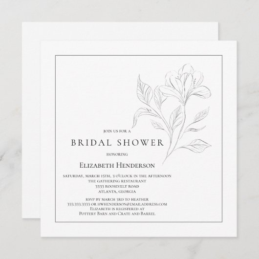 シンプルフローラエレガント白黒ブライダルシャワー 招待状 (正面/裏面)