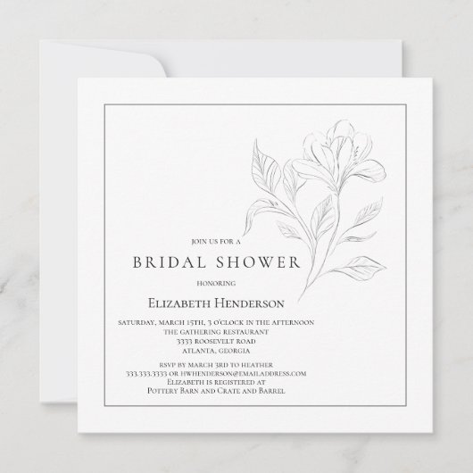 シンプルフローラエレガント白黒ブライダルシャワー 招待状 (正面)