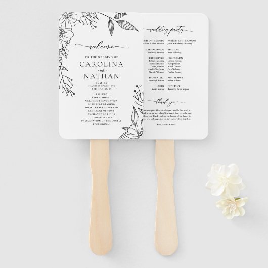 シンプルフローラエレガント白黒結婚式 プログラム ハンドファン (正面&裏面)
