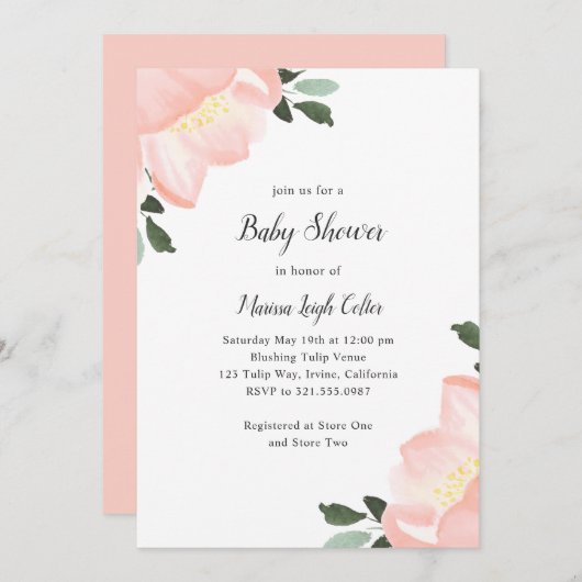 シンプルフローラエレガント赤面ピンクガール赤ちゃんシャワー 招待状 (正面/裏面)