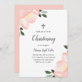 シンプルフローラエレガント赤面ピンクガール《キリスト教》洗礼式や命名式 招待状 (正面/裏面)