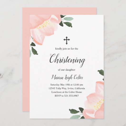 シンプルフローラエレガント赤面ピンクガール《キリスト教》洗礼式や命名式 招待状 (正面/裏面)