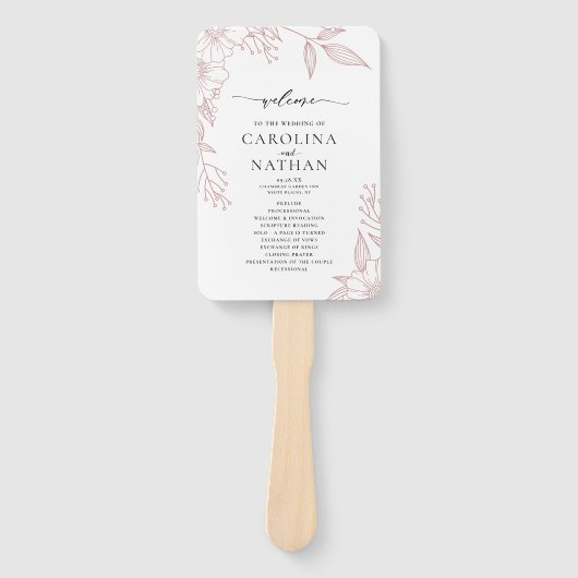 シンプルフローラエレガント赤面ピンク結婚式 プログラム ハンドファン (正面)