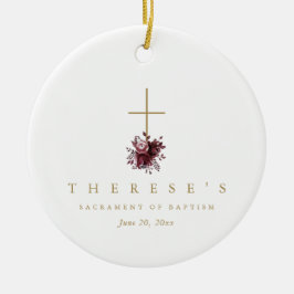 シンプルフローラクロスカトリック洗礼 セラミックオーナメント