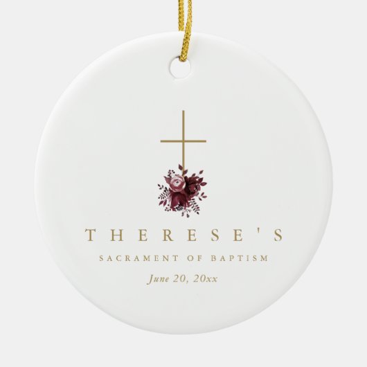 シンプルフローラクロスカトリック洗礼 セラミックオーナメント (正面)