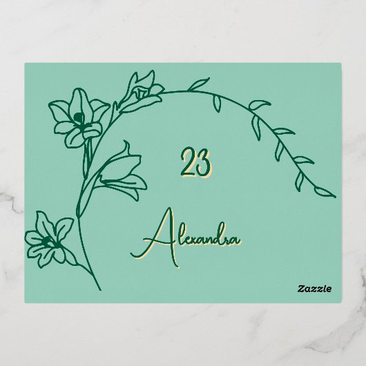 シンプルフローラグ淡い色のリーンと金ゴールドエイジドフォイル誕生日 箔シーズンポストカード (裏面)