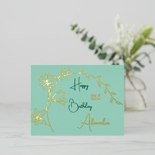 シンプルフローラグ淡い色のリーンと金ゴールドエイジドフォイル誕生日 箔シーズンポストカード (立ち正面)