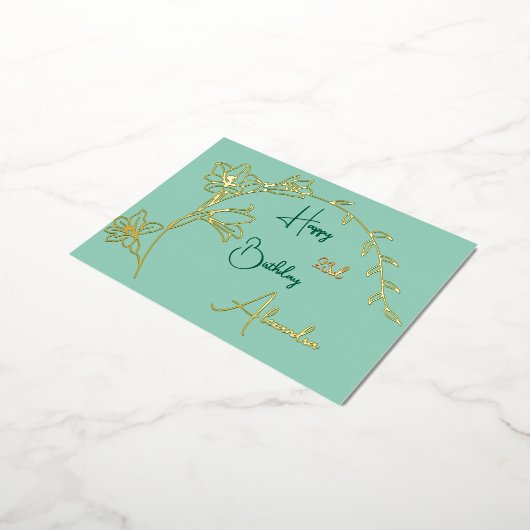 シンプルフローラグ淡い色のリーンと金ゴールドエイジドフォイル誕生日 箔シーズンポストカード (回転した状態)