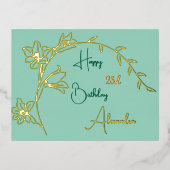 シンプルフローラグ淡い色のリーンと金ゴールドエイジドフォイル誕生日 箔シーズンポストカード (正面)