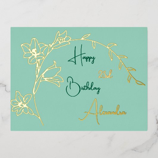 シンプルフローラグ淡い色のリーンと金ゴールドエイジドフォイル誕生日 箔シーズンポストカード (正面)