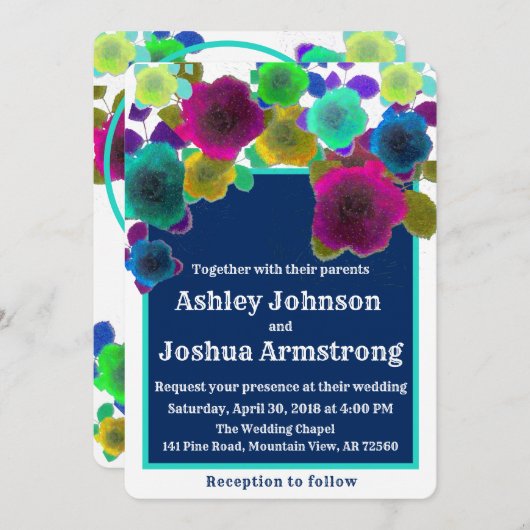 シンプルフローラコンテンポラリー結婚カスケード 招待状 (正面/裏面)