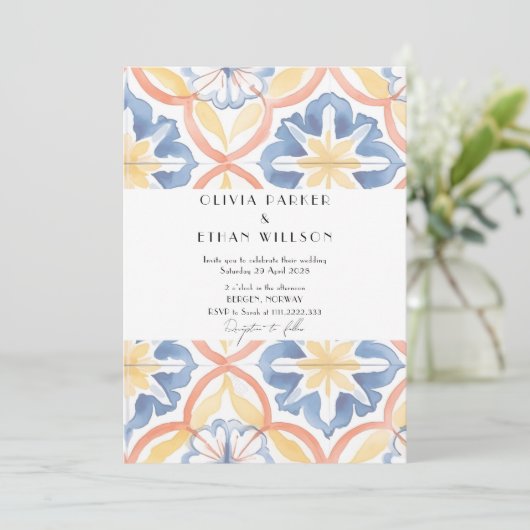 シンプルフローラサマースペインのタイル結婚ズ 招待状 (スタンド正面)