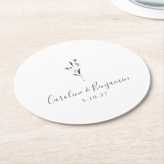 シンプルフローラスクリプト白ボホ結婚のカスタム ラウンドペーパーコースター (アングル)