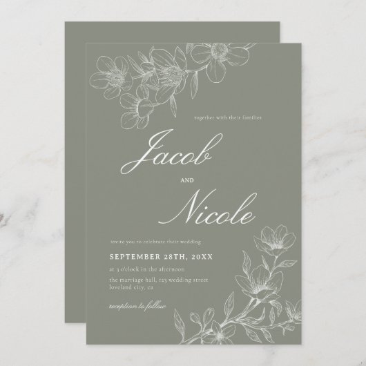 シンプルフローラスクリプトSage Greenの結婚 招待状 (正面/裏面)