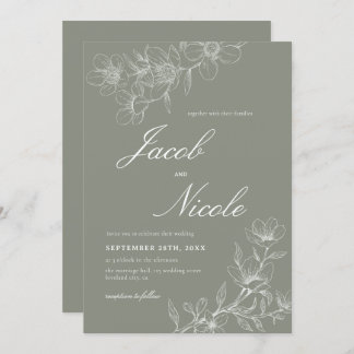 シンプルフローラスクリプトSage Greenの結婚 招待状