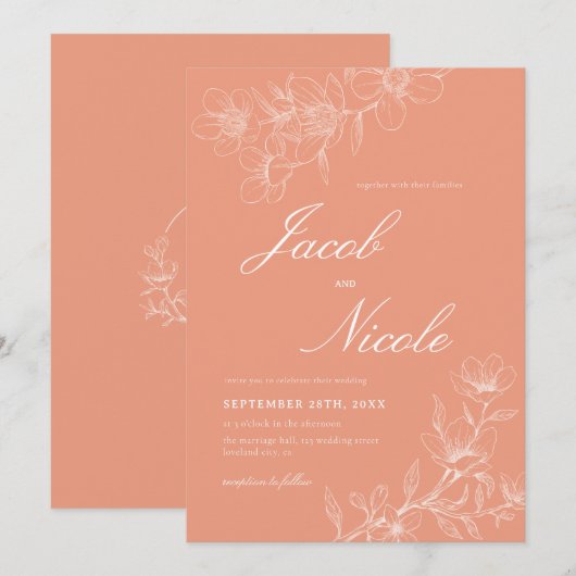 シンプルフローラスクリプ結婚ト・コーラル 招待状 (正面/裏面)