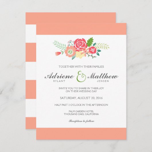 シンプルフローラストライプ結婚式招待状/ピーチ 招待状 (正面/裏面)