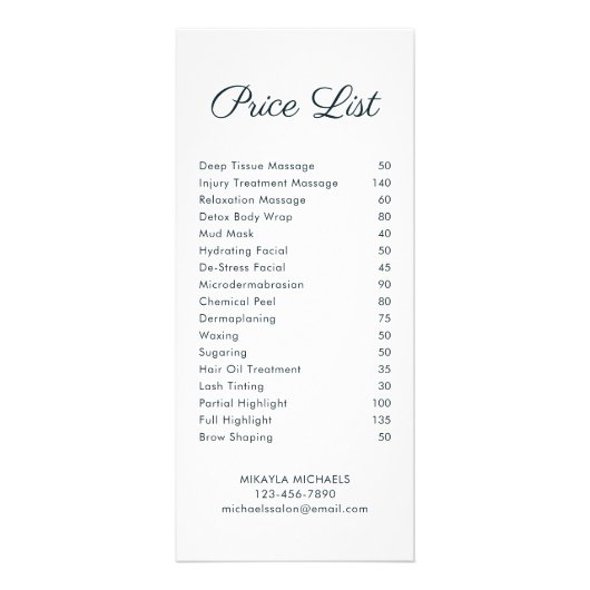 シンプルフローラスパおよびサロン価格表 ラックカード (裏面)