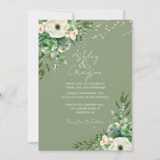 シンプルフローラセージ結婚グリーン 招待状 (正面)